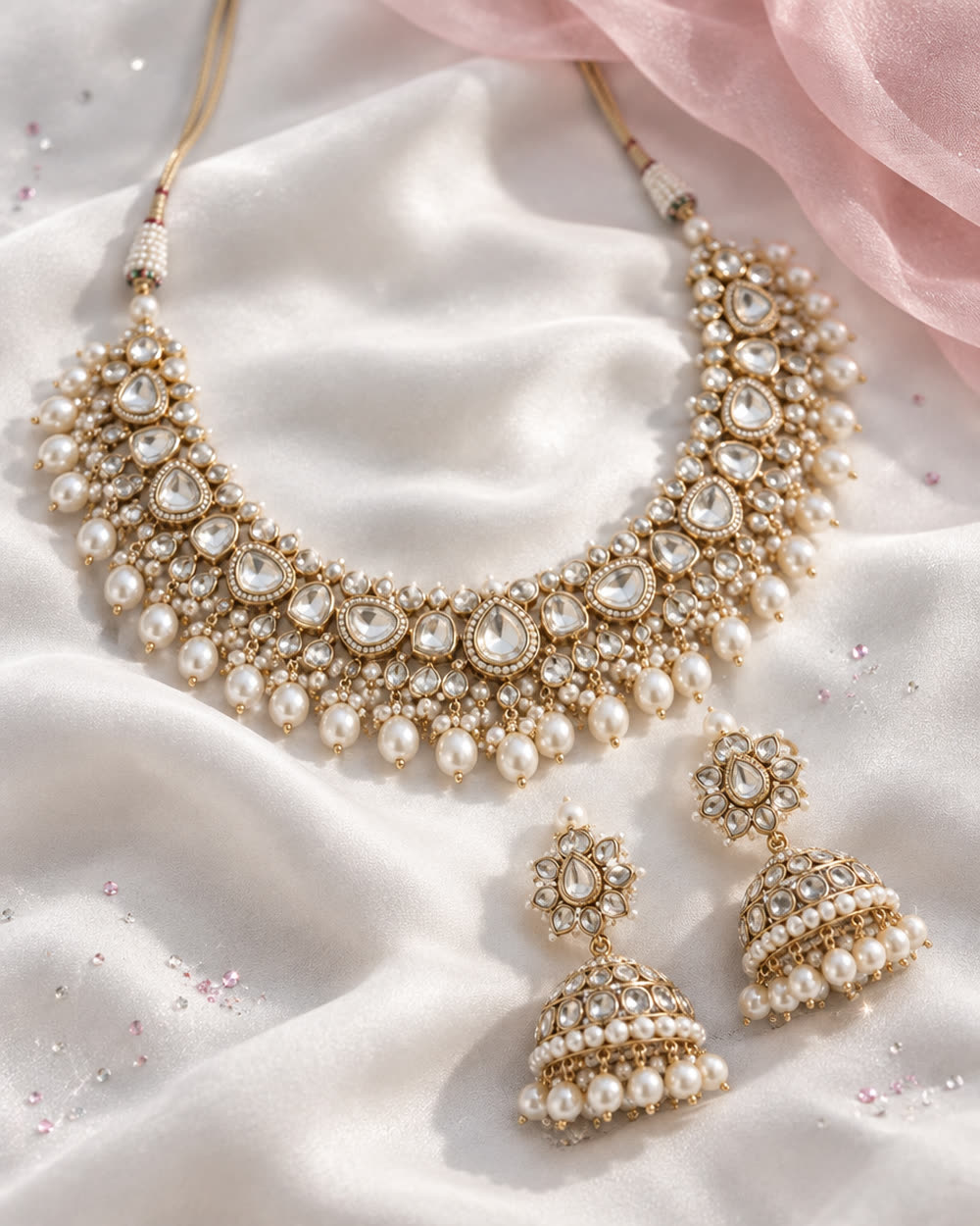 Kundan and pearl necklace with jhumka earrings